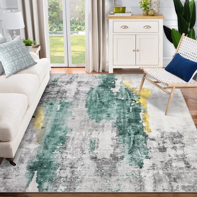 Garvee Large Modern Abstract Area Rug,Non Slip Rug Low Pile Thin Rug Soft Non Shedding Floor Carpet,Stain Resistant Rug(Blue+Grey/Green+Yellow+Gray)