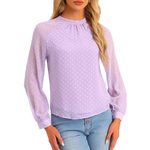 Allegra K Women s Chiffon Work Formal Casual Tie Back Long Sleeve Polka Dots Blouse Light Purple Small Target