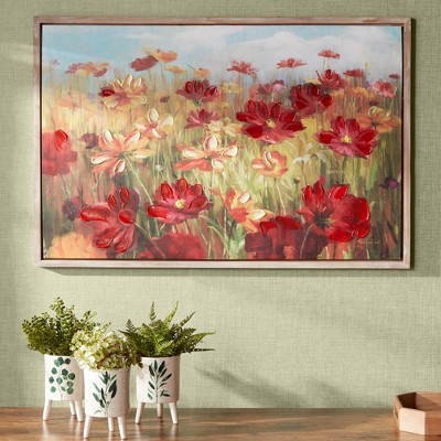Vibrant Red and Orange Floral Canvas Wall Art with Brown Frame