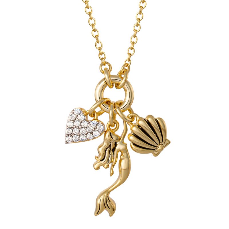 Disney Princess Little Mermaid Ariel Yellow Gold Plated 3D Cubic Zirconia Charm Necklace, 18", 1 of 6