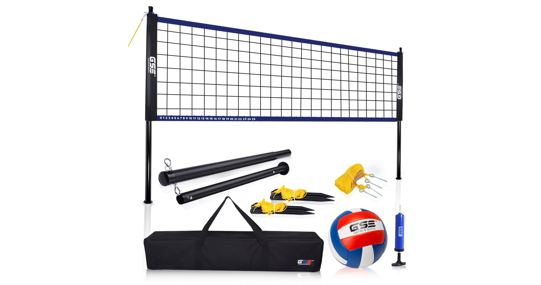 GSE Outdoor Portable Volleyball Net Set with Volleyball, Aluminum Poles, Winch System, Pump, and Carrying Bag(Recreational)