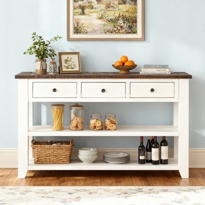 Hostack 48'' Modern Solid Wood Console Table with 3 Storage Drawers and 2 Shelves, Antique White and Brown Top