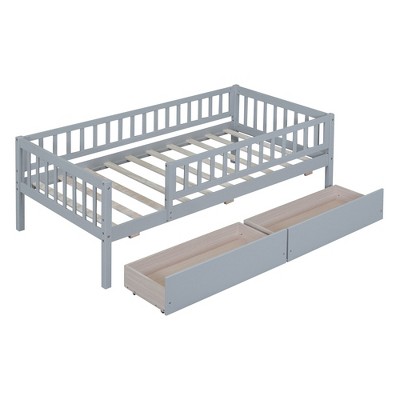 NicBex Twin Size Daybed, Wooden Day Bed with 2 Drawers, Sofa Bed Frame with Fence Guardrails