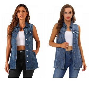 INSPIRE CHIC Women's Sleeveless Casual Button-Down Side Pockets Long Jean Vests 2 Packs - 1 of 4