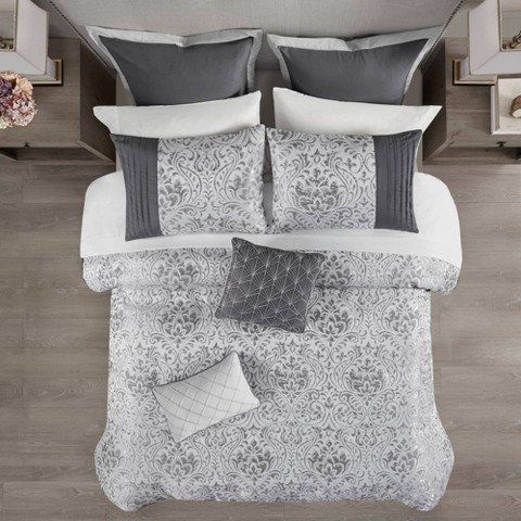 Madison Park 12pc Queen Grace Jacquard Comforter Set with Bed Sheet Silver