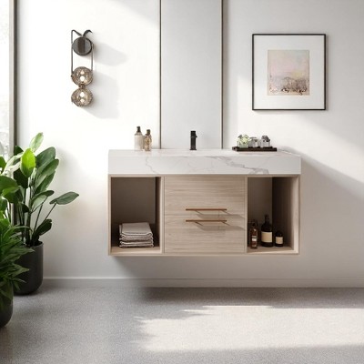 39.4" Wall-Mounted Bathroom Vanity with Sintered Stone Countertop, 2 Drawers & Open Shelves, Metal Handles (Faucet Not Included)