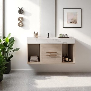 39.4" Wall-Mounted Bathroom Vanity with Sintered Stone Countertop, 2 Drawers & Open Shelves, Metal Handles (Faucet Not Included) - 1 of 4