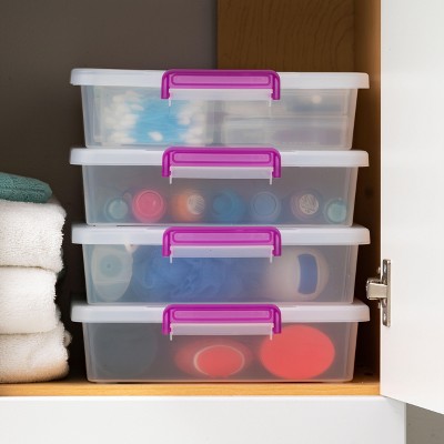Clear Stackable Plastic Storage Bins with Purple Lids, 6 Pack