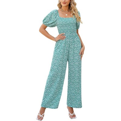 Women's Summer Smocked Jumpsuits Casual Square Neck Short Sleeve High Waist Wide Leg Rompers with Pockets