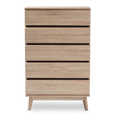 Miren Mid-Century Light Oak and Dark Gray Engineered Wood 5-Drawer Chest