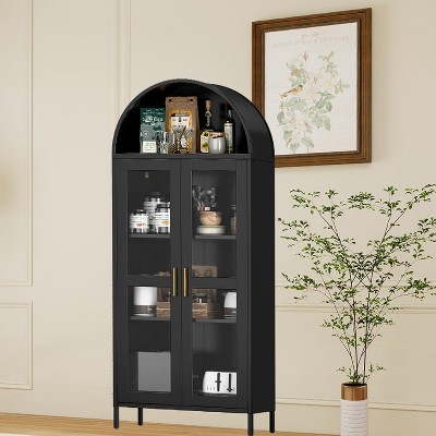 73" Arched Metal Storage Cabinet, Adjustable Shelves & Drawer Option, Bookcase Storage Organizer with Glass Doors ,Cold-Rolled Steel
