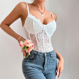 Women's Sexy Lace Bustier Bodysuit Backless Corset Bodysuit with Boning, S-L - 1 of 4