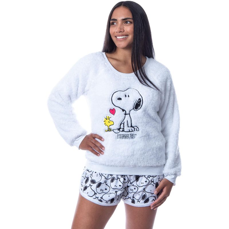 Peanuts Womens' Snoopy and Woodstock Sweater and Shorts Sleep Pajama Set White, 1 of 6