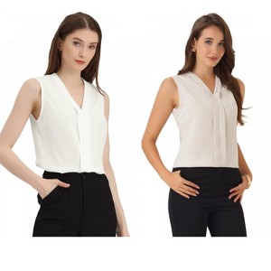 INSPIRE CHIC Women's Pleated V Neck Solid Work Sleeveless Blouse 2 Packs - 1 of 4