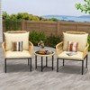 3 Pieces Outdoor Wicker Patio Bistro Set, All-Weather Rattan Conversation Set with Glass Top Coffee Table & Cushioned Chairs, Boho Balcony Furniture - 3 of 4
