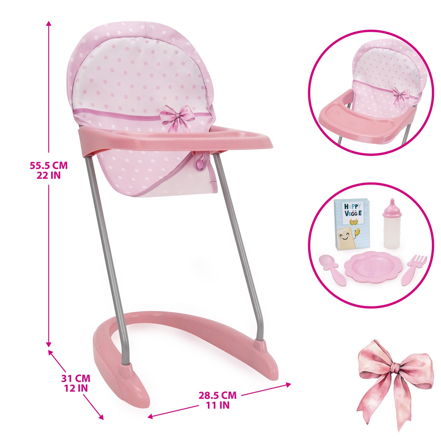 Аксессуары для кукол 509Crew 509 Crew: Bow Travel Care N' Feed Doll Set Stroller Accessories Pink White 9pc, цвет: Розовый — фото 3