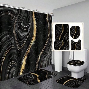 4 Pcs Black Marble Shower Curtain Sets with Rugs, Modern Abstract Bathroom Decor Accessories - 1 of 4