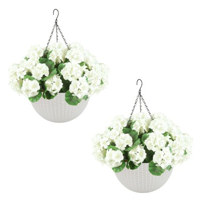 2 Set Artificial Outdoor Geraniums Flowers with White Basket, 12 Pcs Geraniums Flowers for Christmas, Front Porch, Garden, Patio, Home Decor, Pink
