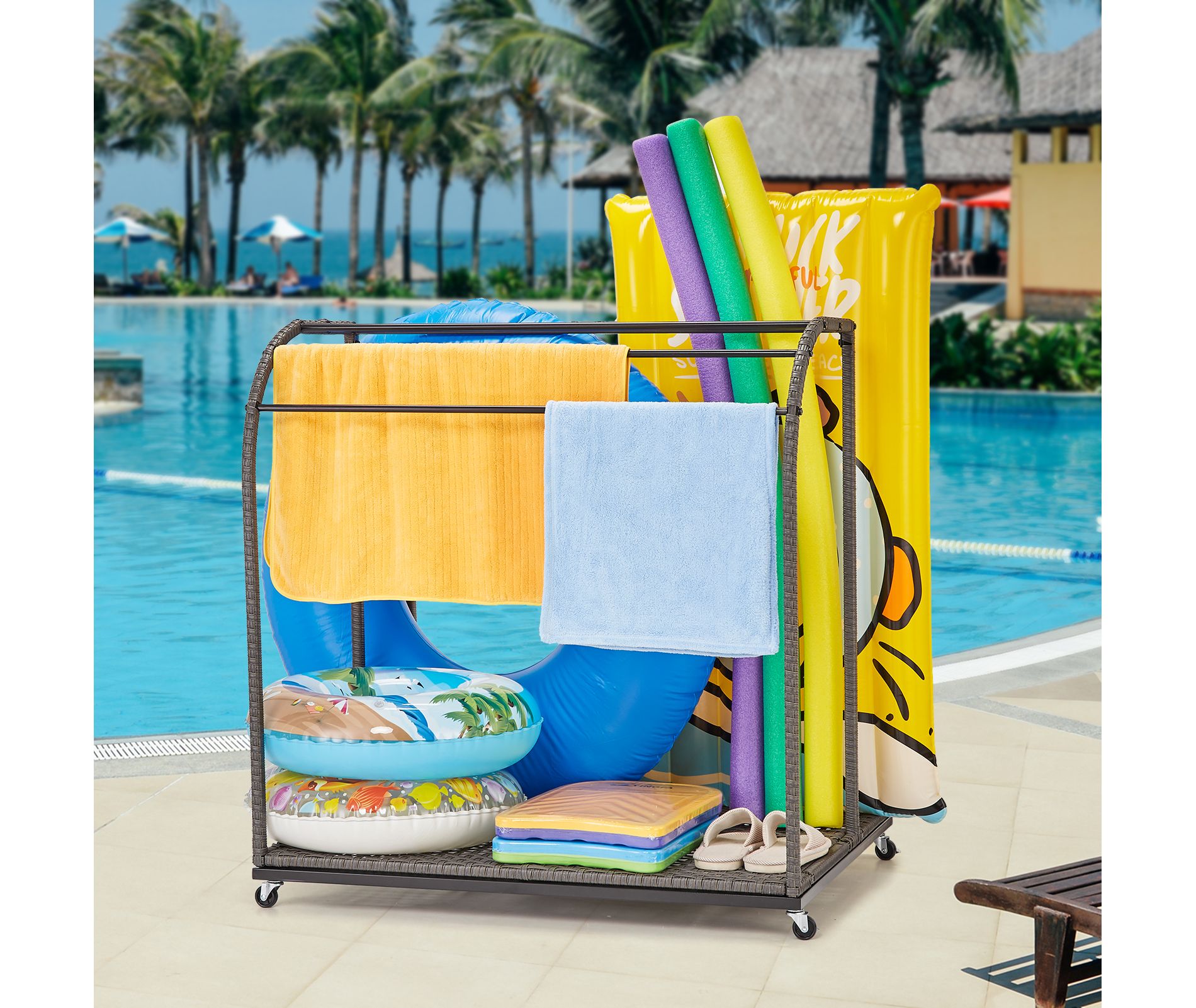 Garvee Towel Rack, 5 Bar Pool Towel Rack with Rattan Base, Outdoor Towel Rack, Storage Organizer with Compartment for Outdoor/Indoor