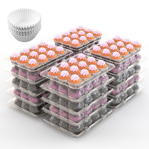 NewHome  20 Sets Clear Cupcake Boxes with High Dome Lids & 240 Liners, Stackable Disposable Carrier Clear - image 1 of 4