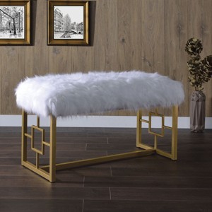 Royal Hampton Style Faux Fur Upholstered Bench with Geometrical Side Panels, White and Gold - 1 of 4