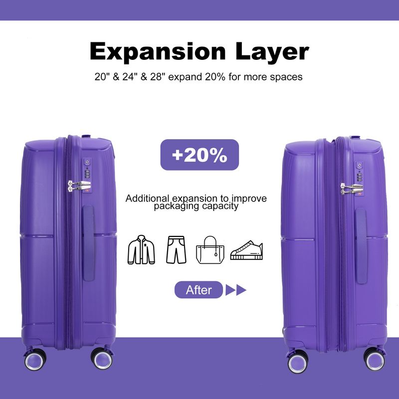3 PCS Expanable Luggage Set, PP Lightweight Hardshell Spinner Wheel Suitcase with TSA Lock (20+24+28)-ModernLuxe, 3 of 12