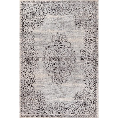Dark Gray and Cream Medallion 8' x 10' Reversible Synthetic Rug