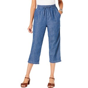 Roaman's Women's Plus Size Chambray Wide Leg Capri Pant - 1 of 4