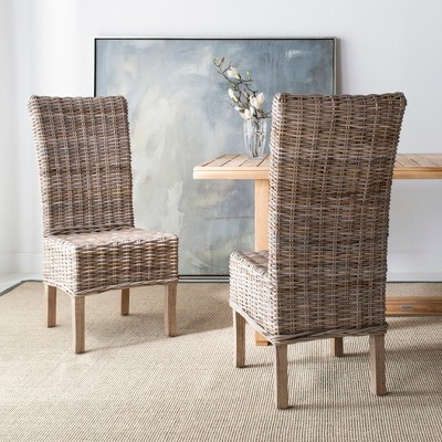 High-Back Rattan & Mango Wood Side Chair in Natural Grey (Set of 2)