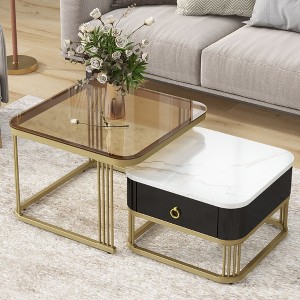 NicBex Coffee Tables for Living Room 2-in-1 Square Nesting Coffee Table Stackable End Table Set with Drawers and Brown Tempered Glass, Black+Gold - 1 of 4