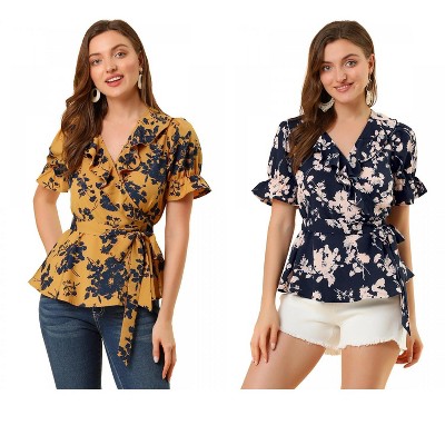 INSPIRE CHIC Women's Floral V Neck Tie Waist Belted Ruffle Wrap Shirt 2 Pcs