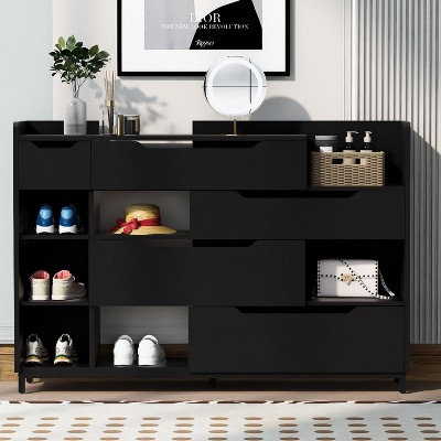 TIRAMISUBEST Black Shoe Cabinet with Drawers & Shelves - Freestanding Entryway Storage Organizer for Hallway, Living Room & Closet