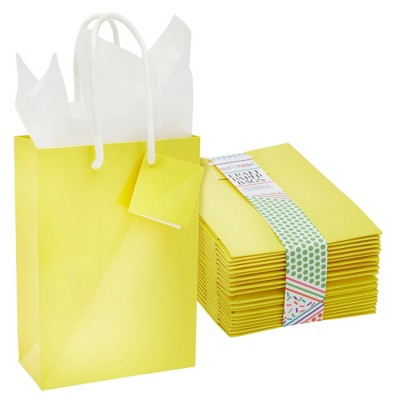 Blue Panda 20 Pack Small Yellow Gift Bags with Handles, Tissue Paper, Hang Tags, 7.9 x 5.5 x 2.5 In