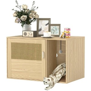 Resenkos Boho Style Cat Litter Box Enclosure with Rattan Door, Scratching Mat, Non-slip Foot Pads Beige - 1 of 4