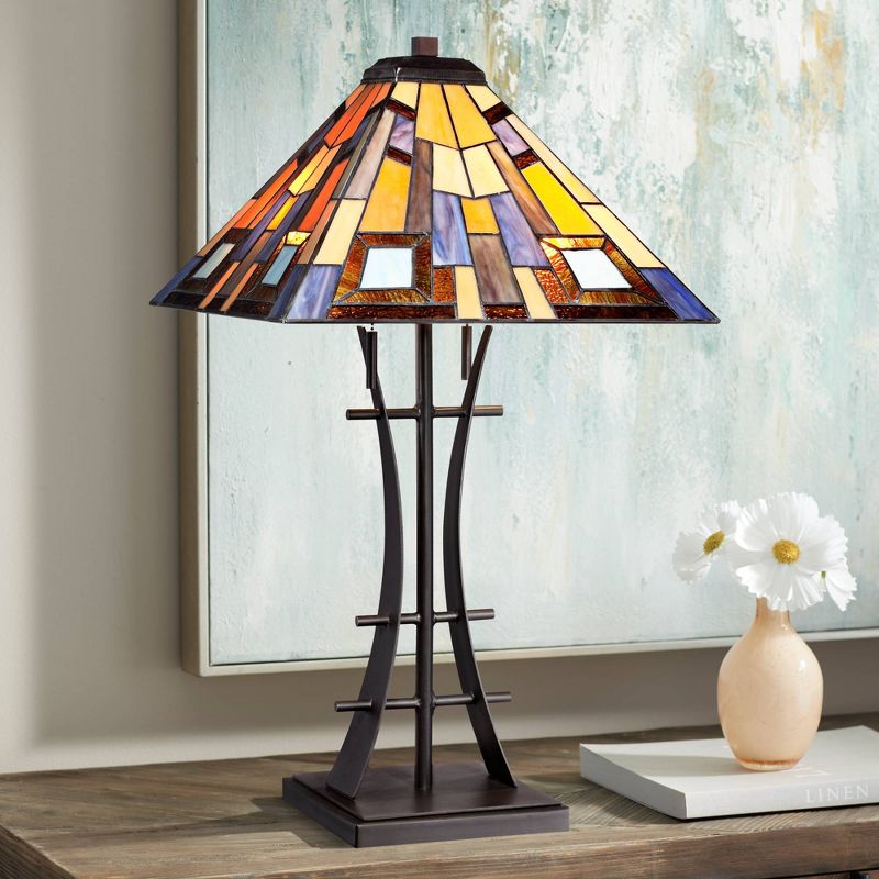 Robert Louis Tiffany Jewel Tone Mission Table Lamp 27" Tall Iron Bronze Geometric Stained Glass Art Shade for Bedroom Living Room Bedside Nightstand, 2 of 10