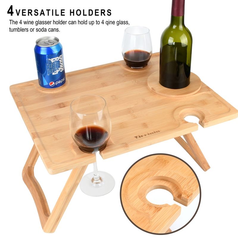 Tirrinia Bamboo Wine Picnic Table, Ideal Wine Lover Gift, Large Folding Portable Outdoor Snack & Cheese Tray for Concerts at Park, Beach, 6 of 10