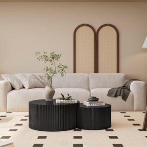 Set of 2 Round Coffee Table Cocktail Table Drum Circle Center Table Side Table with Wave Stripe, Black/Beige-HABITRIO - 1 of 4