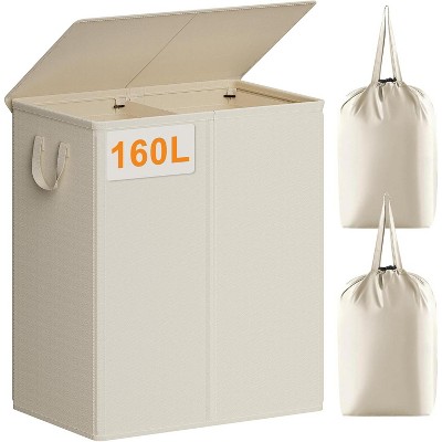 140L Laundry Hamper 2 Section, Double Laundry Basket with Lid, Large Dirty Clothes Hamper with Removable Liner Bags
