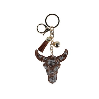 CTM Women's Glittering Bull Skull Cushion Keychain and Bag Charm with Tassel