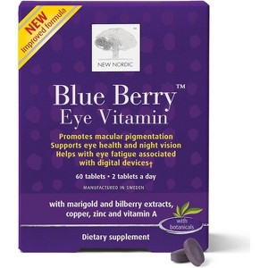 New Nordic Blue Berry Strong - Eye Support -Bilberry & Lutein - Aids Macular Pigmentation Levels - Non-GMO, Gluten & Dairy-Free - 60 Vegan Tablets - 1 of 4