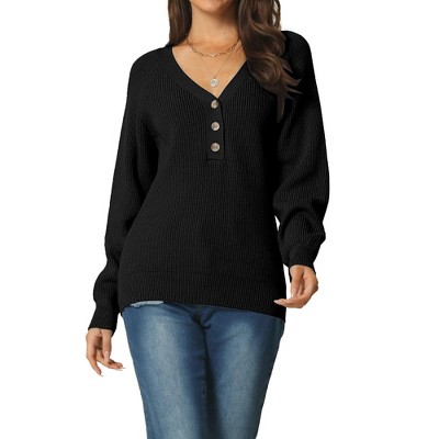 Seta T Women's Long Sleeve V Neck Button Front Solid Ribbed Knit Pullover  Sweaters Black M