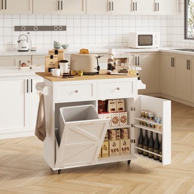 ELECWISH Kitchen Island with Drop Leaf - 2 Storage Drawers, Trash Cabinet, Spice Racks & Locking Wheels
