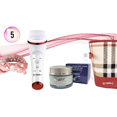 LINSAY Ultra-Sonic Facial & Body cleansing Brush with Temperature control SPA Bundle with Le preel Organic Night-Time Cream USB Cable Headband & Bag