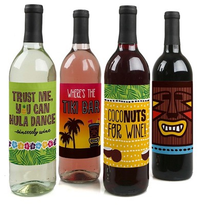 Big Dot of Happiness Tiki Luau - Tropical Hawaiian Summer Party Decorations for Women and Men - Wine Bottle Label Stickers - Set of 4