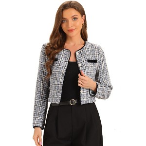 INSPIRE CHIC Women's Elegant Contrast Piping Round Neck Button Front Long Sleeve Tweed Blazer - 1 of 4