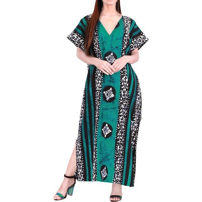 LA LEELA Women's Summer Holiday Beach Casual Dailywear Loose Caftan Long Boho Sleepwear Loungewear Dashiki House Dress for Women 3X-4X Green, Stripe
