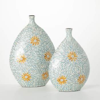 Sullivans 21.75" & 18.5" Blue Floral Capiz Vase Set of 2