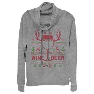 CHIN UP Christmas Wine Deer Cowl Neck Sweatshirt - 1 of 3