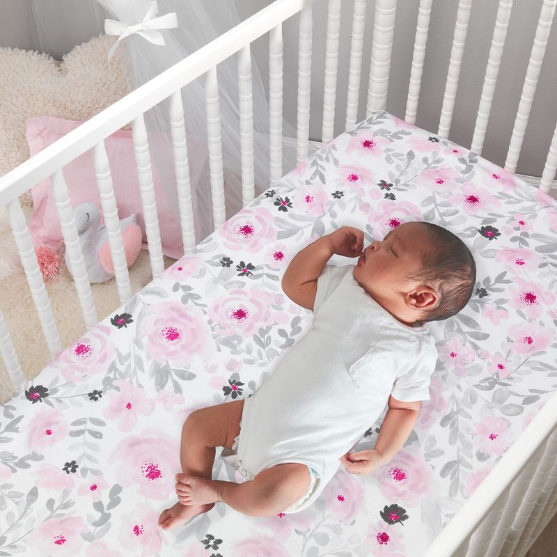 Bedtime Originals Blossom Fitted Mini Crib Sheet - Pink, Gray, White, Floral, 3 of 7
