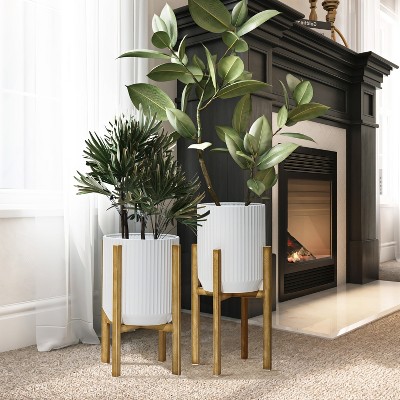 Set of 2 White Textured Metal Planters with Gold Stands